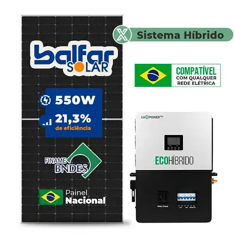 Gerador de Energia Solar Hibrido Luxpower sem Bateria Laje Inclinação SGF 7,7KWP FINAME 550W ECO HIBRIDO 5KW 220V DC48V SEM BATERIA
