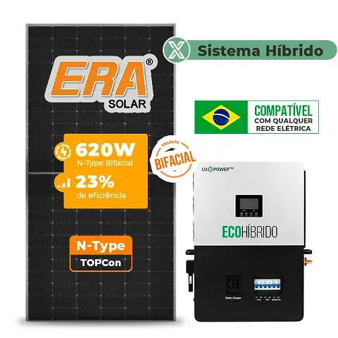 Gerador de Energia Solar Hibrido Luxpower sem Bateria Telhado Fibro Parafuso Metal SGF 7,44KWP ERA BIF 620W ECO HIBRIDO 5KW 220V DC48V SEM BATERIA