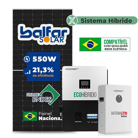 Gerador de Energia Solar Hibrido Luxpower com Bateria Sem Estrutura SGF 6,6KWP FINAME 550W ECO HIBRIDO 5KW 220V DC48V BAT. LITIO 5,12kWh