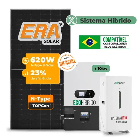 Gerador de Energia Solar Hibrido Luxpower com Bateria Telhado Cerâmico Gancho SGF 12,4KWP ERA BIF 620W ECO HIBRIDO 10KW 220V DC48V BAT. LITIO 14,3kWh