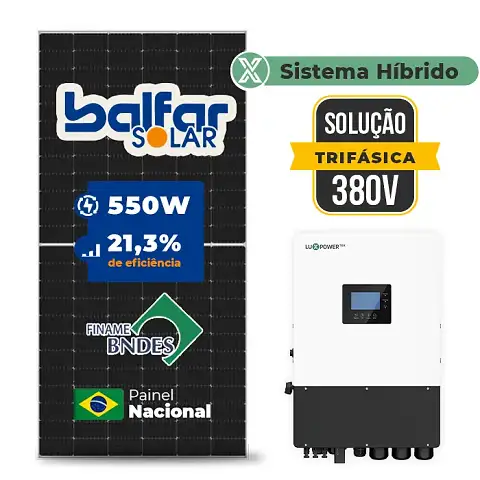 Gerador de Energia Solar Hibrido Luxpower sem Bateria Laje Inclinação SGF 15,4KWP FINAME 550W HIBRIDO 15KW TRIF 380V DC48V SEM BATERIA