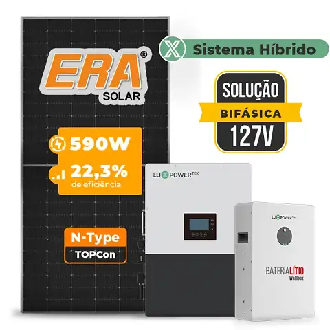 Gerador de Energia Solar Hibrido Luxpower Telhado Metálico Mini Trilho SGF 17,7KWP ERA 590W LXP-LB-BR 10KW AC 127 BIFASICO DC48V BAT. LITIO 15,36kWh