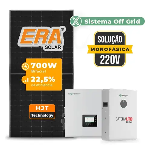 Gerador de Energia Solar Hibrido Luxpower Telhado Metálico Mini Trilho SGF 19,6KWP ERA 700W GEN-LB-EU 10KW AC 220 MONO DC48V BAT. LITIO 15,36kWh