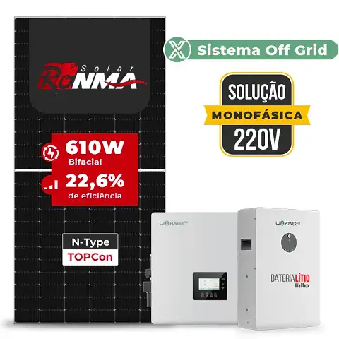 Gerador de Energia Solar Hibrido Luxpower Telhado Metálico Mini Trilho SGF 18,3KWP RONMA 610W GEN-LB-EU 10KW AC 220 MONO DC48V BAT. LITIO 15,36kWh