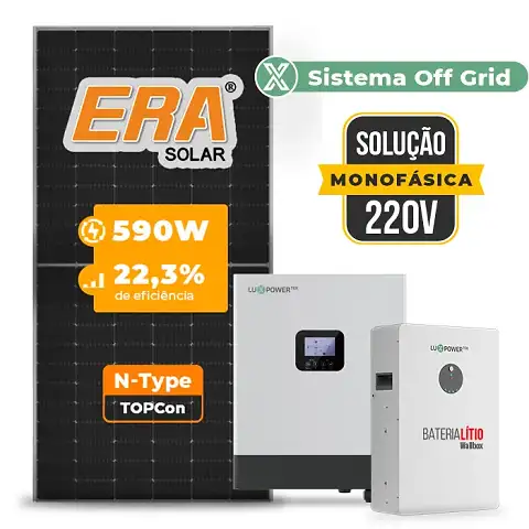 Gerador de Energia Solar Off Grid Interativo Luxpower Telhado Metálico Mini Trilho SGF 9,44KWP ERA 590W GEN-LB-EU 5KW AC 220 MONO DC48V BAT. LITIO 5,12kWh