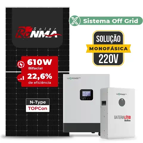 Gerador de Energia Solar Hibrido Luxpower Telhado Metálico Mini Trilho SGF 7,32KWP RONMA 610W GEN-LB-EU 5KW AC 220 MONO DC48V BAT. LITIO 5,12kWh