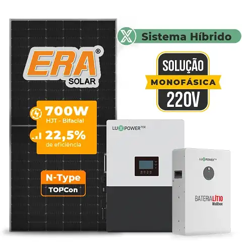 Gerador de Energia Solar Hibrido Luxpower Telhado Metálico Mini Trilho SGF 21KWP ERA 700W LXP-LB-BR 10KW AC 220V MONO DC48V BAT. LITIO 15,36kWh