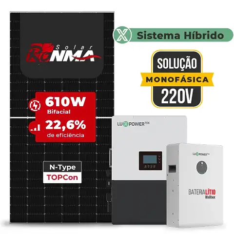 Gerador de Energia Solar Hibrido Luxpower Telhado Metálico Mini Trilho SGF 14,64KWP RONMA 610W LXP-LB-BR 10KW AC 220V MONO DC48V BAT. LITIO 15,36kWh