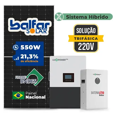 Gerador de Energia Solar Hibrido Luxpower Laje Inclinação SGF 33KWP FINAME 550W LXP-LB-BR 10KW AC TRIF. 220V DC48V BAT. LITIO 25,6kWh