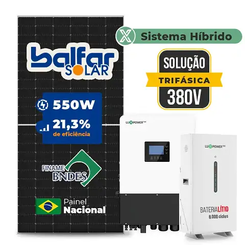 Gerador de Energia Solar Hibrido Luxpower com Bateria Telhado Cerâmico Gancho SGF 15,4KWP FINAME 550W HIBRIDO 15KW TRIF 380V DC48V BAT. LITIO 14,3kWh