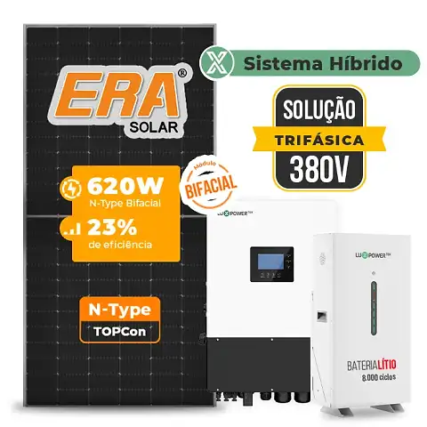 Gerador de Energia Solar Hibrido Luxpower sem Bateria Telhado Fibro Parafuso Metal SGF 17,36KWP ERA BIF 620W HIBRIDO 15KW TRIF 380V DC48V SEM BATERIA