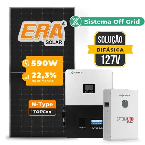 Gerador de Energia Solar Off Grid Interativo Luxpower Telhado Metálico Mini Trilho SGF 8,26KWP ERA 590W SNA-BR 5KW AC 127 BIFASICO DC48V BAT. LITIO 5,12kWh