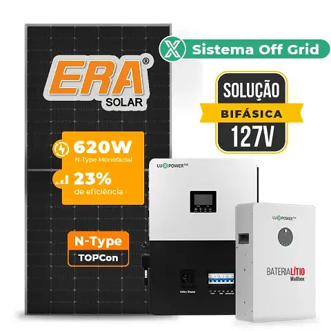 Gerador de Energia Solar Off Grid Interativo Luxpower Telhado Fibro Parafuso Madeira SGF 8,68KWP ERA 620W SNA-BR 5KW AC 127 BIFASICO DC48V BAT. LITIO 5,12kWh