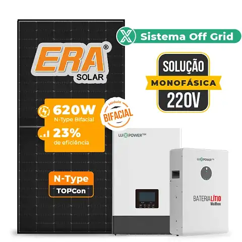 Gerador de Energia Solar Off Grid Interativo Luxpower Sem Estrutura SGF 8,68KWP ERA BLACK 620W WPV 5KW AC 220 MONO DC48V BAT. LITIO 5,12kWh