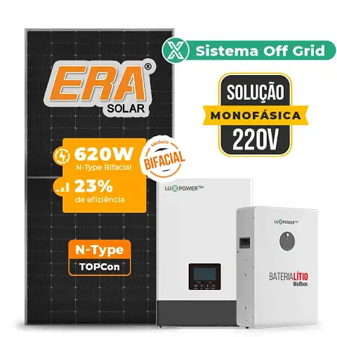 Gerador de Energia Solar Off Grid Interativo Luxpower Sem Estrutura SGF 7,44KWP ERA BIF 620W WPV 5KW AC 220 MONO DC48V BAT. LITIO 5,12kWh