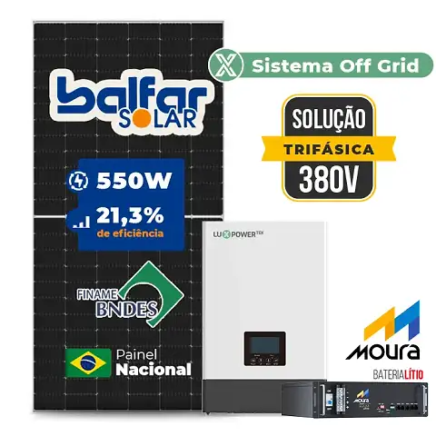 Gerador de Energia Solar Off Grid Interativo Luxpower Sem Estrutura SGF 24,2KWP FINAME 550W WPV 5KW AC TRIF. 380V DC48V BAT. LITIO 19,2kWh