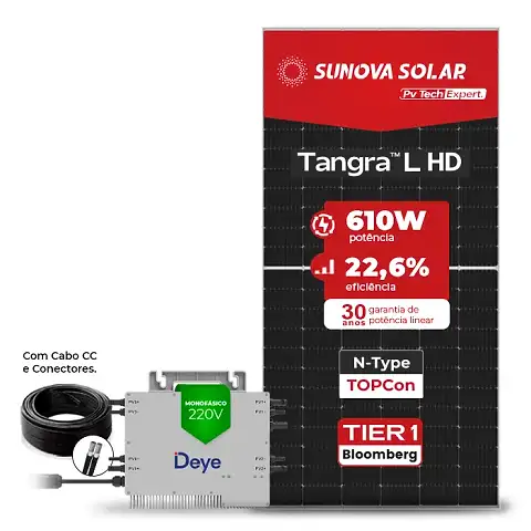 Gerador de Energia Solar Microinversor DEYE Telhado Metálico Mini Trilho SGF 12,2KWP SUNOVA N-TYPE MONO 610W SUN 2.25KW 4MPPT MONO 220V COM CABO 