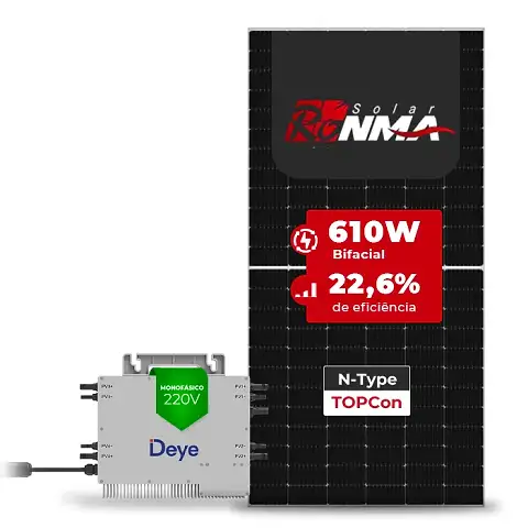 Gerador de Energia Solar Microinversor DEYE Telhado Metálico Mini Trilho SGF 12,20KWP RONMA 610W BIFACIAL SUN 2.25KW 4MPPT MONO 220V