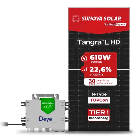 Gerador de Energia Solar Microinversor DEYE Telhado Metálico Mini Trilho SGF 14,64KWP SUNOVA N-TYPE MONO 610W SUN 2.25KW 4MPPT MONO 220V