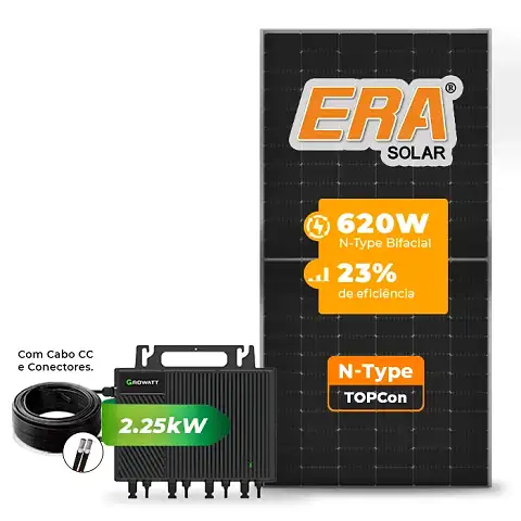 Gerador de Energia Solar Microinversor Growatt Telhado Fibro Parafuso Madeira SGF 2,48KWP ERA N-TYPE MONO 620W NEO 2.25KW 4MPPT MONO 220V COM CABO