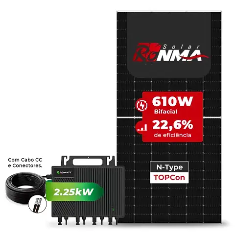 Gerador de Energia Solar Microinversor Growatt Telhado Metálico Mini Trilho SGF 7,32KWP RONMA 610W BIFACIAL NEO 2.25KW 4MPPT MONO 220V COM CABO