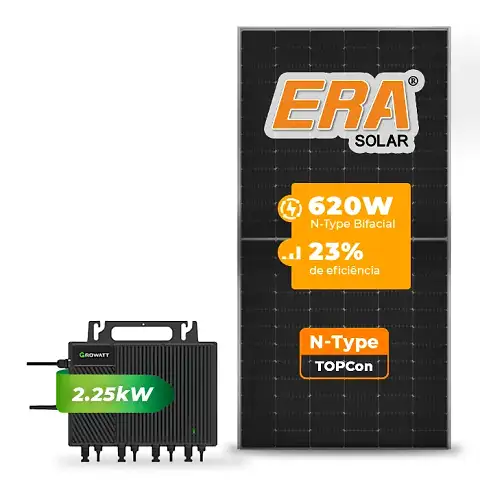 Gerador de Energia Solar Microinversor Growatt Telhado Metálico Mini Trilho SGF 2,48KWP ERA N-TYPE MONO 620W NEO 2.25KW 4MPPT MONO 220V
