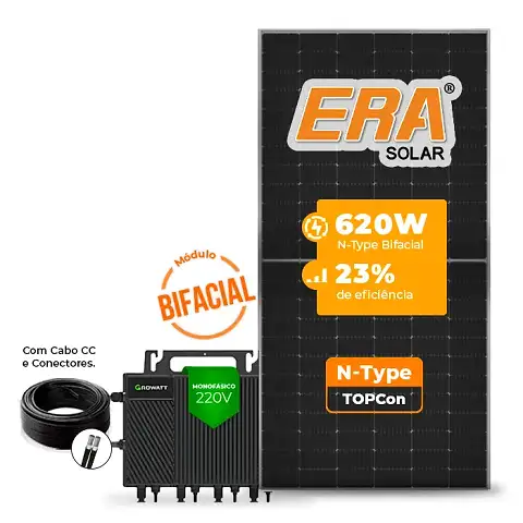 Gerador de Energia Solar Microinversor Growatt Telhado Cerâmico Gancho SGF 2,48KWP ERA BIFACIAL 620W NEO 2KW 4MPPT MONO 220V COM CABO