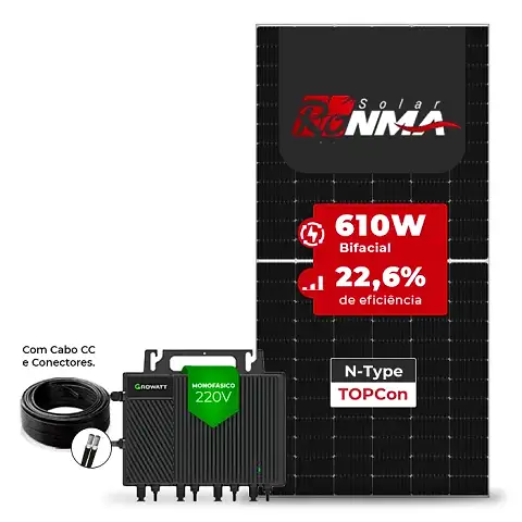 Gerador de Energia Solar Microinversor Growatt Telhado Fibro Parafuso Madeira SGF 7,32KWP RONMA 610W BIFACIAL NEO 2KW 4MPPT MONO 220V COM CABO