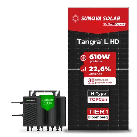Gerador de Energia Solar Microinversor Growatt Telhado Metálico Mini Trilho SGF 24,40KWP SUNOVA N-TYPE MONO 610W NEO 2KW 4MPPT MONO 220V