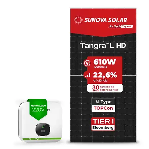 Gerador de Energia Solar On Grid Growatt Telhado Metálico Mini Trilho SGF 7,32KWP SUNOVA N-TYPE MONO 610W MIN X2 6KW 2MPPT MONO 220V