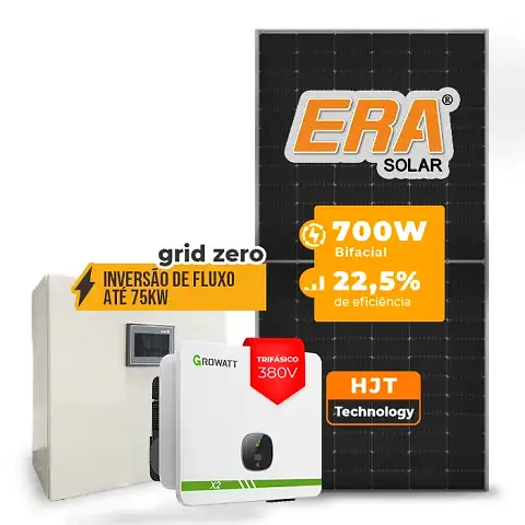 Gerador de Energia Solar Inversão de Fluxo Growatt Sem Estrutura SGF 72,80KWP ERA HJT BIFACIAL 700W MID X2 50KW 4MPPT TRIF 380V