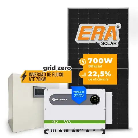 Gerador de Energia Solar Inversão de Fluxo Growatt Sem Estrutura SGF 128,80KWP ERA HJT BIFACIAL 700W MAX XL2 75KW 8MPPT TRIF 220V
