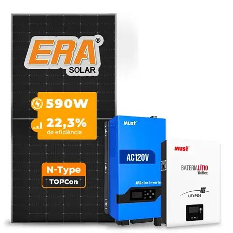 Gerador de Energia Solar Off Grid Interativo Must Telhado Fibro Parafuso Madeira SGF 7,08KWP ERA 590W PV29 LHP 5KW AC120V DC48V BAT. LITIO 5.12KWH 100A