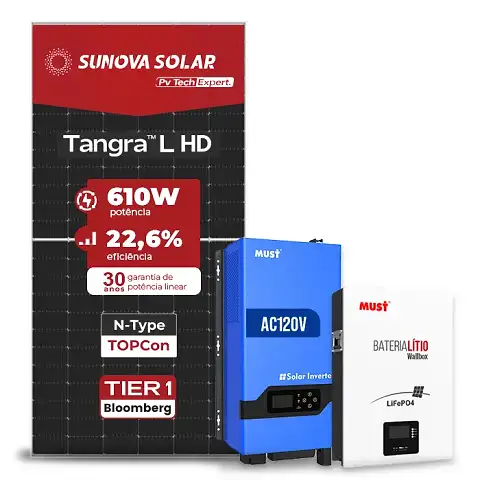 Gerador de Energia Solar Off Grid Interativo Must Telhado Cerâmico Gancho SGF 7,32KWP SUNOVA 610W PV29 LHP 5KW AC120V DC48V BAT. LITIO 5.12KWH 100A