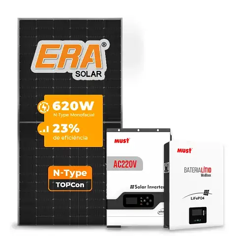 Gerador de Energia Solar Off Grid Interativo Must Telhado Fibro Parafuso Metal SGF 4,96KWP ERA 620W PV29 HP 5KW AC220V DC48V BAT. LITIO 5.12KWH 100A