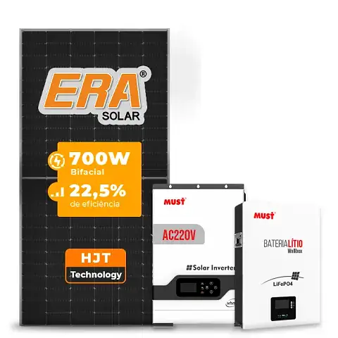 Gerador de Energia Solar Off Grid Interativo Must Telhado Metálico Mini Trilho SGF 8,4KWP ERA 700W PV29 HP 5KW AC220V DC48V BAT. LITIO 5.12KWH 100A