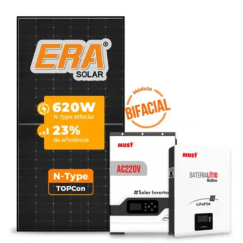 Gerador de Energia Solar Off Grid Interativo Must Sem Estrutura SGF 7,44KWP ERA BLACK 620W PV29 HP 5KW AC220V DC48V BAT. LITIO