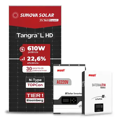 Gerador de Energia Solar Off Grid Interativo Must Telhado Ondulado SGF 4,88KWP SUNOVA 610W PV29 HP 5KW AC220V DC48V BAT. LITIO 5.12KWH 100A
