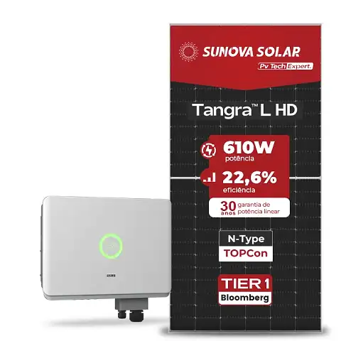 Gerador de Energia Solar On Grid SAJ Telhado Metálico Mini Trilho SGF 29,28KWP SUNOVA N-TYPE MONO 610W SAJ T2 25KW 2MPPT TRIF 380V