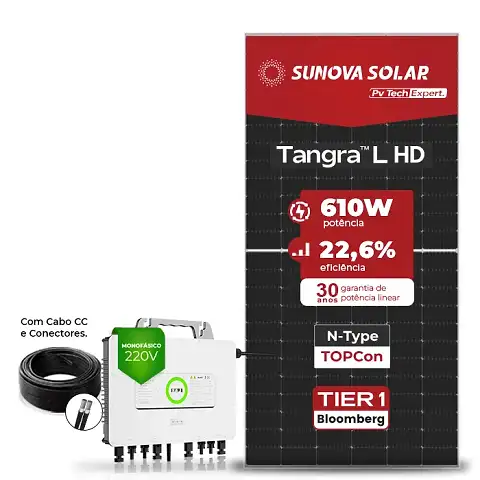 Gerador de Energia Solar Microinversor SAJ Telhado Metálico Mini Trilho SGF 8,54KWP SUNOVA N-TYPE MONO 610W M2 2.25KW 4MPPT MONO 220V COM CABO 