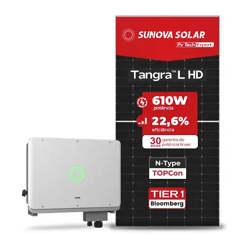 Gerador de Energia Solar On Grid SAJ Telhado Metálico Mini Trilho SGF 39,04KWP SUNOVA N-TYPE MONO 610W SAJ T3 30KW 2MPPT TRIF 380V