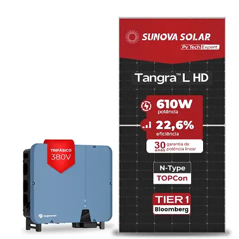 Gerador de Energia Solar On Grid Solplanet Telhado Metálico Mini Trilho SGF 53,68KWP SUNOVA N-TYPE MONO 610W ASW 50KW 5MPPT TRIF 380V