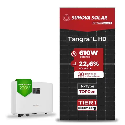 Gerador de Energia Solar On Grid Sungrow Telhado Metálico Mini Trilho SGF 4,88KWP SUNOVA N-TYPE MONO 610W SG RS-L 3KW 1MPPT MONO 220V