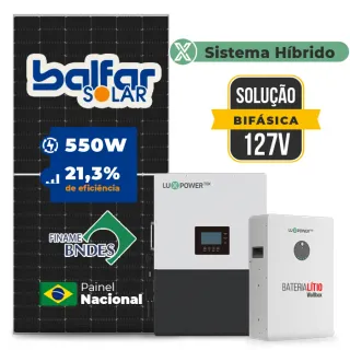 Gerador de Energia Solar Hibrido Luxpower Telhado Fibro Parafuso Madeira SGF 6,6KWP FINAME 550W LXP-LB-BR 5KW AC 127 BIFASICO DC48V BAT. LITIO 5,12kWh