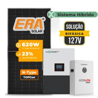Gerador de Energia Solar Hibrido Luxpower Telhado Fibro Parafuso Madeira SGF 7,44KWP ERA 620W LXP-LB-BR 5KW AC 127 BIFASICO DC48V BAT. LITIO 5,12kWh