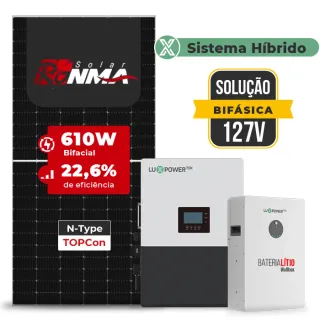 Gerador de Energia Solar Hibrido Luxpower Telhado Metálico Mini Trilho SGF 14,64KWP RONMA 610W LXP-LB-BR 10KW AC 127 BIFASICO DC48V BAT. LITIO 15,36kWh