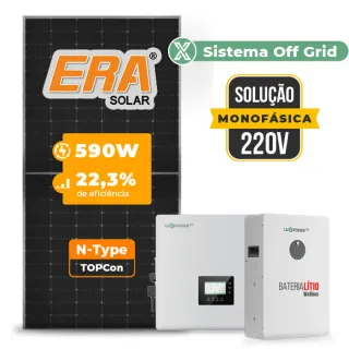 Gerador de Energia Solar Off Grid Interativo Luxpower Telhado Metálico Mini Trilho SGF 14,16KWP ERA 590W GEN-LB-EU 10KW AC 220 MONO DC48V BAT. LITIO 15,36kWh