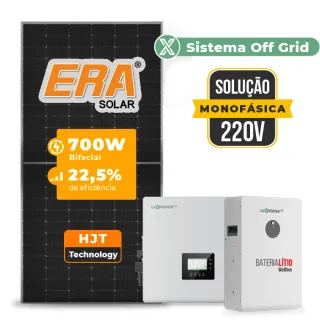 Gerador de Energia Solar Hibrido Luxpower Telhado Metálico Mini Trilho SGF 16,8KWP ERA 700W GEN-LB-EU 10KW AC 220 MONO DC48V BAT. LITIO 15,36kWh