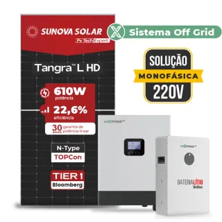 Gerador de Energia Solar Off Grid Interativo Luxpower Telhado Metálico Mini Trilho SGF 7,32KWP SUNOVA 610W GEN-LB-EU 5KW AC 220 MONO DC48V BAT. LITIO 5,12kWh