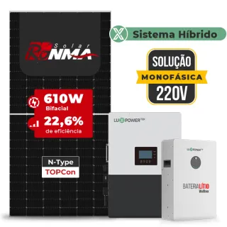 Gerador de Energia Solar Hibrido Luxpower Telhado Metálico Mini Trilho SGF 7,32KWP RONMA 610W LXP-LB-BR 5KW AC 220V MONO DC48V BAT. LITIO 5,12kWh